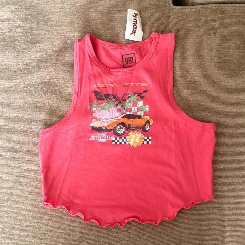 GM Corvette Graphic Crop Tank Top Pink L